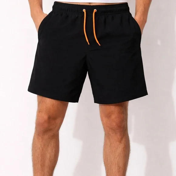 Men's Black Athletic Shorts with Orange Drawstring - Picture 1 of 6